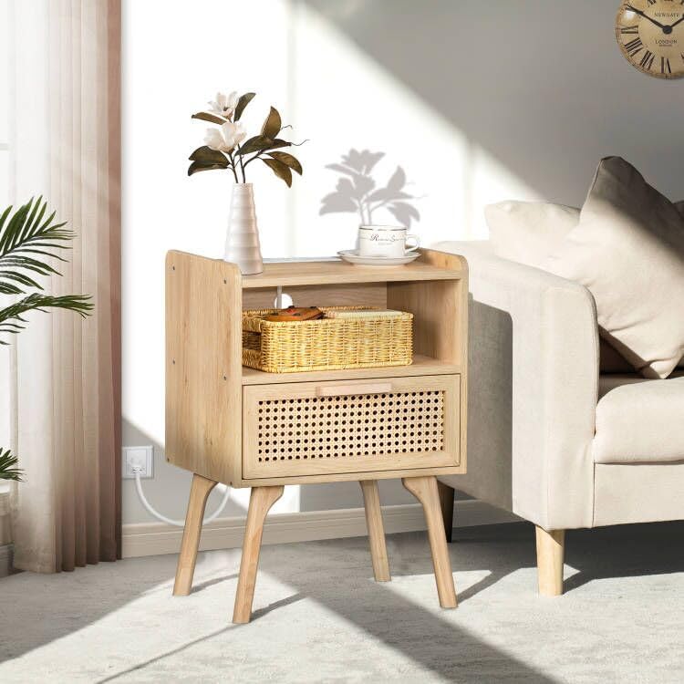 Rattan Charging Station Nightstand
