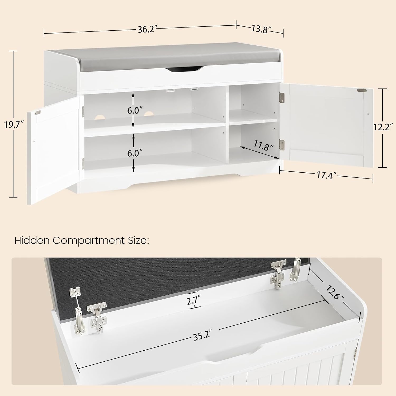 White Cushioned 2-Tier Lift Top Shoe Bench