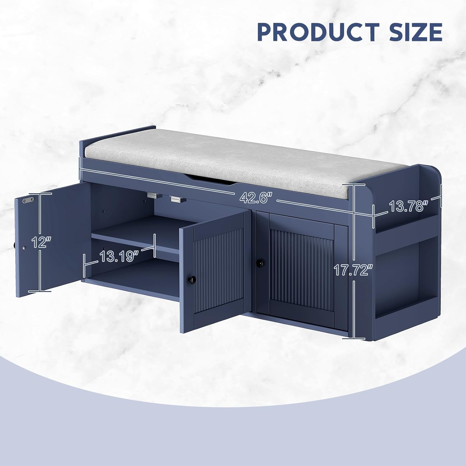 Navy Blue Cushioned Shoe Bench With Side Shelves