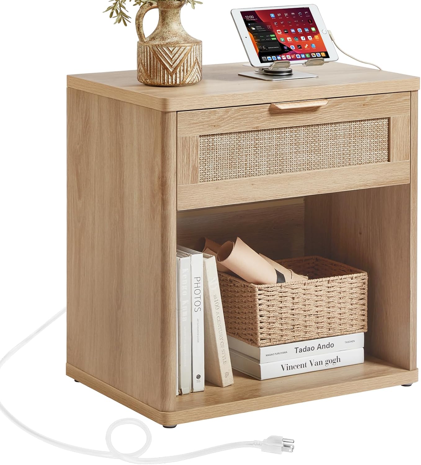 Rattan Charging Station Nightstand Set