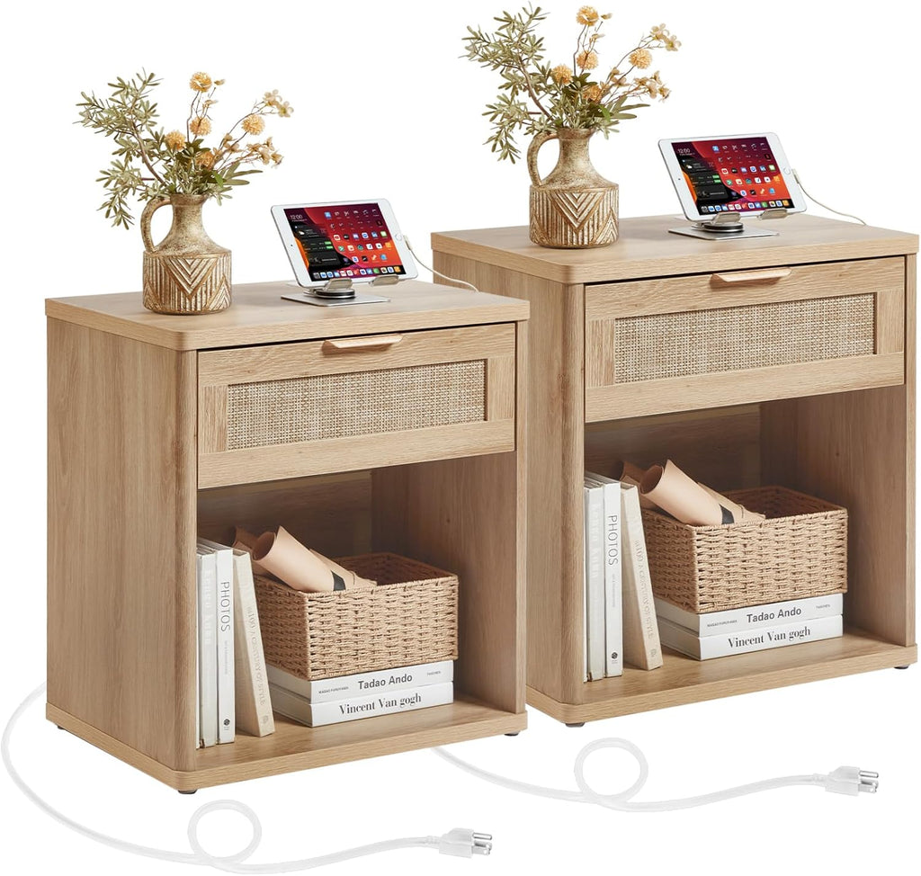 Rattan Charging Station Nightstand Set
