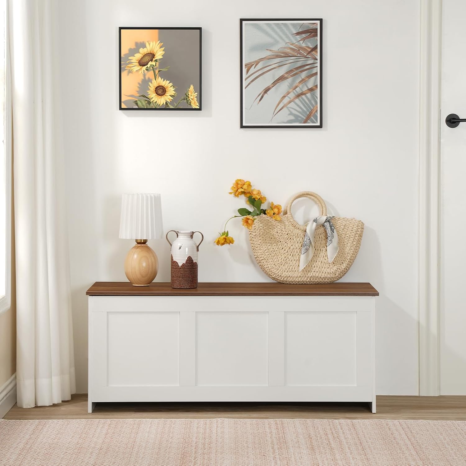 White Walnut Retro Lift Top Wooden Storage Bench