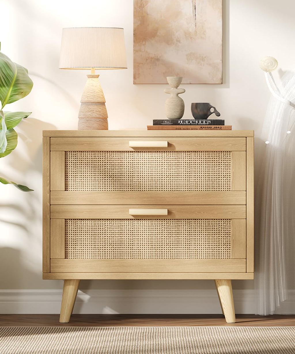 Rattan Charging Station 2-Drawer Nightstand