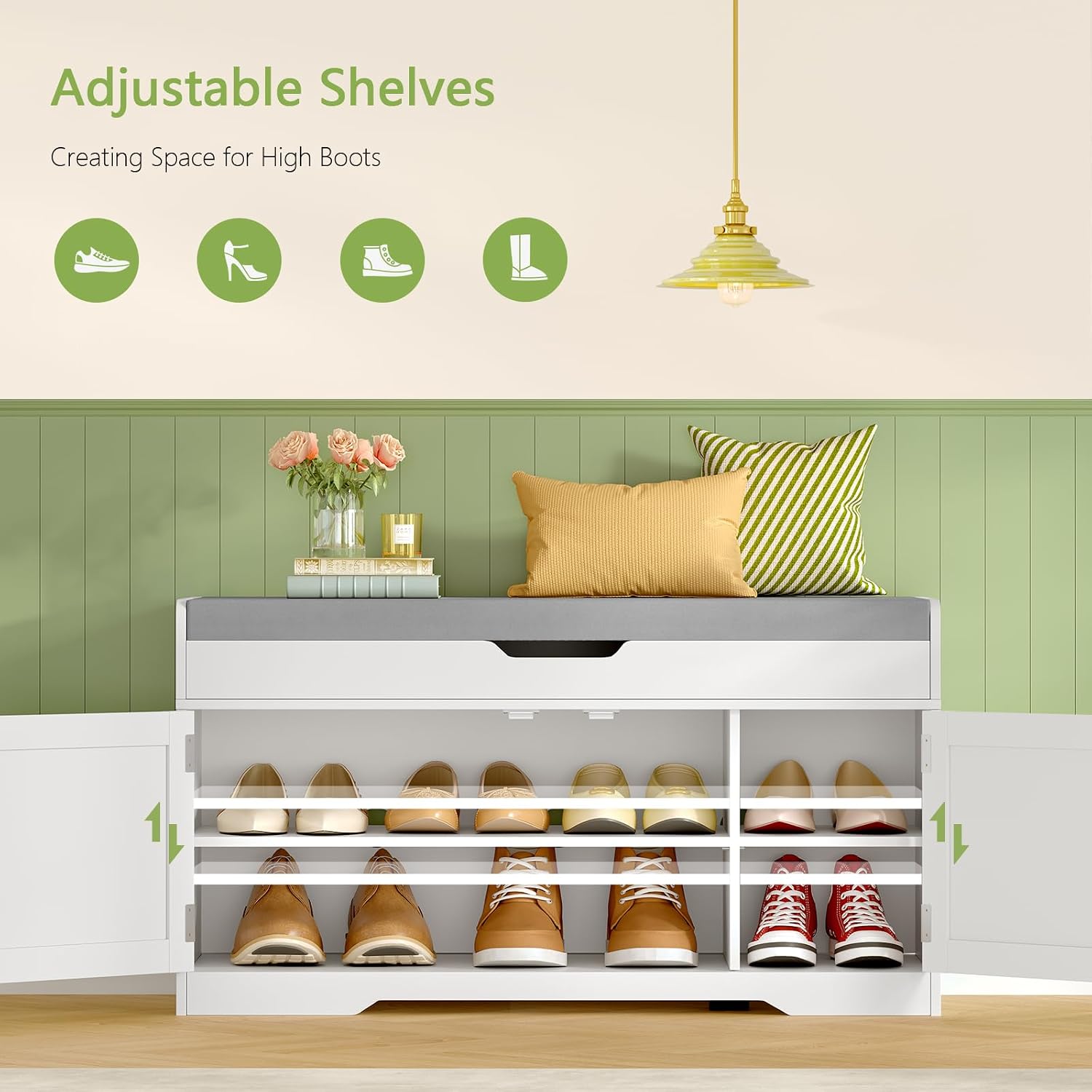 White Cushioned 2-Tier Lift Top Shoe Bench