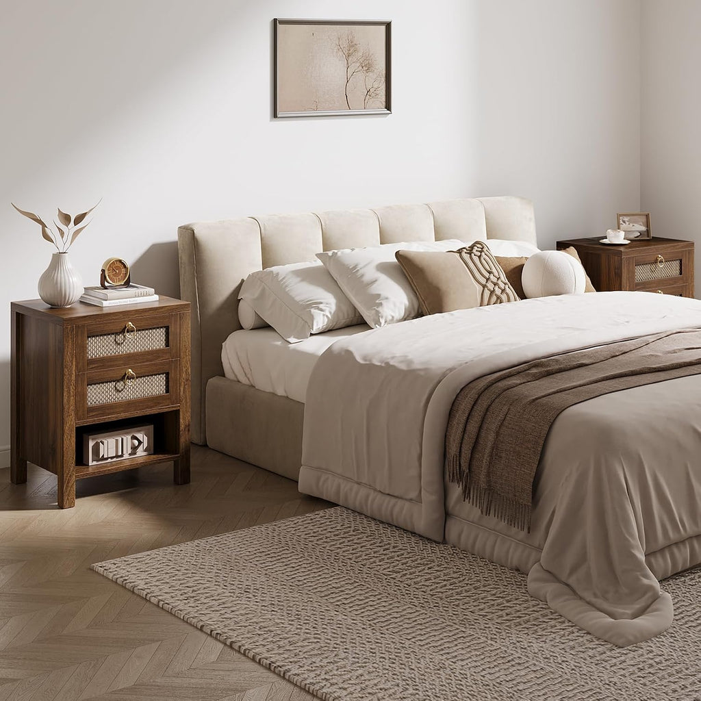 Walnut Rattan Charging Nightstand