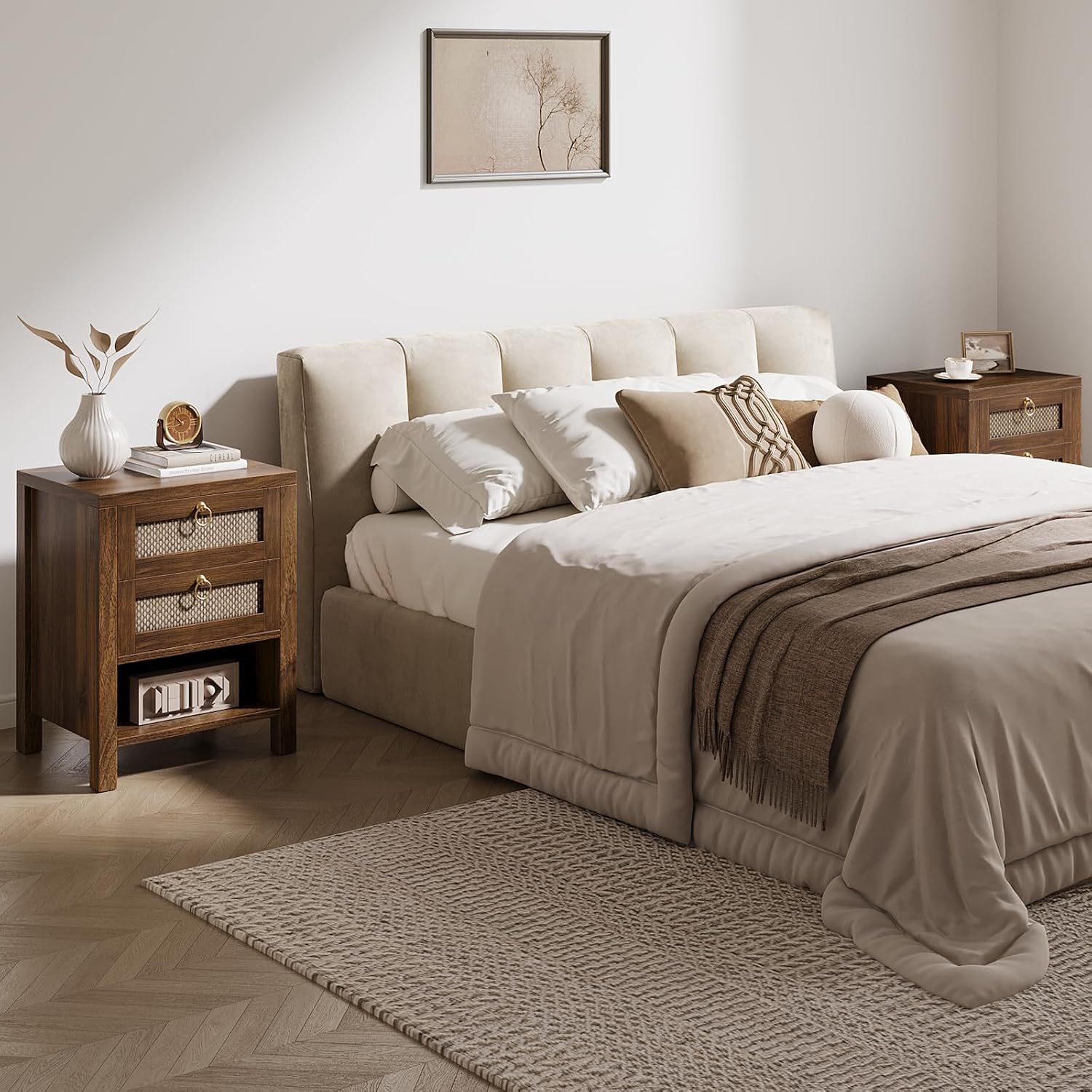 Walnut Rattan Charging Nightstand