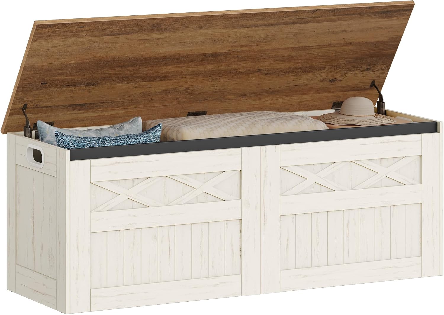 Retro White Farmhouse Large Lift Top Storage Bench