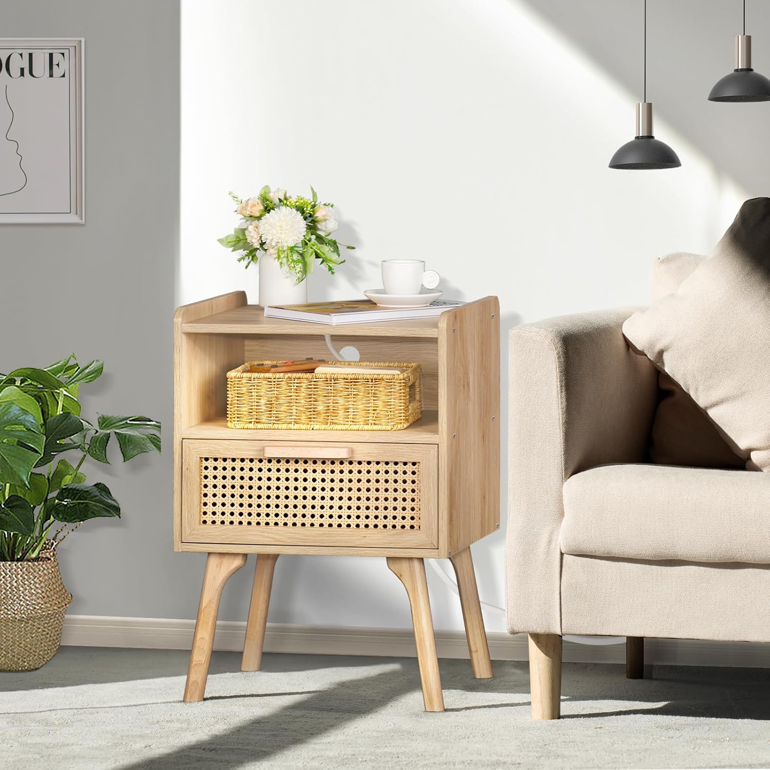 Rattan Charging Station Nightstand