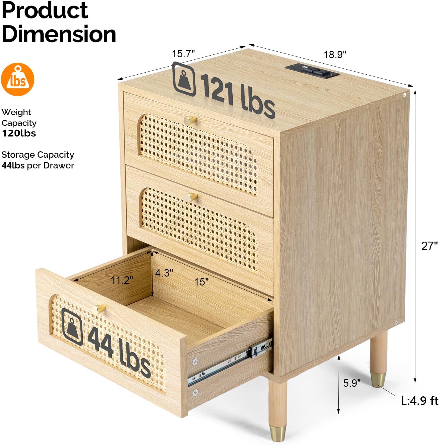 Rattan Charging 3-Drawer Nightstand Set