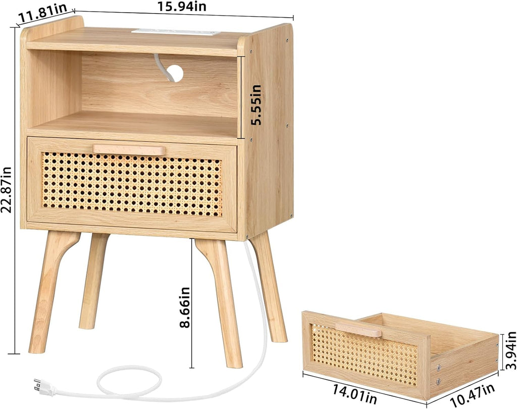 Rattan Charging Station Nightstand