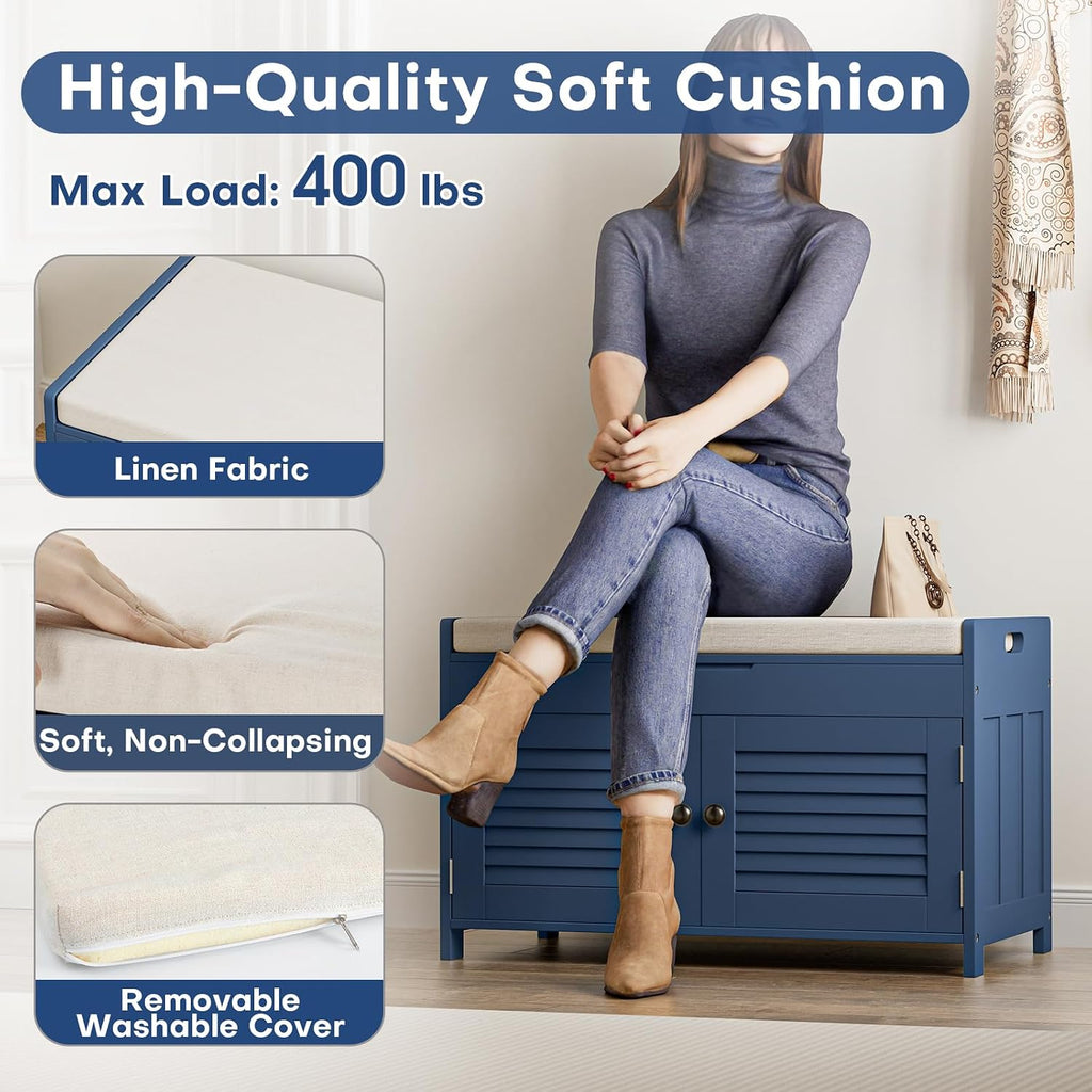 Blue Cushioned Lift Top Shoe Storage Bench