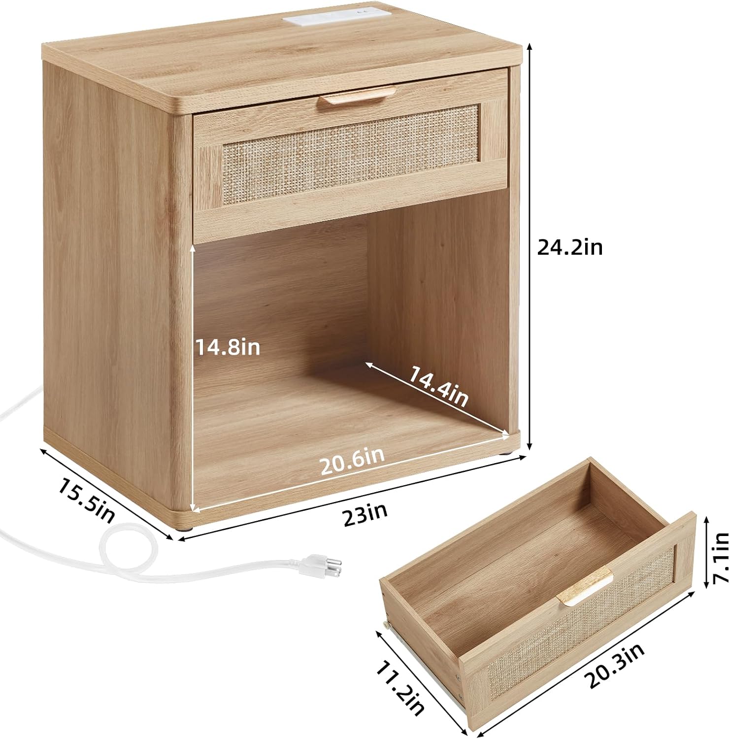 Rattan Charging Station Nightstand Set