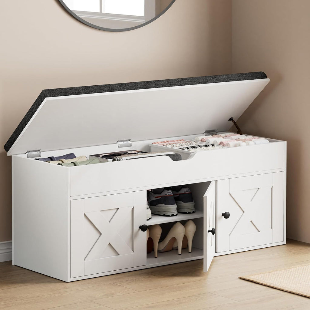 White Lift Top Shoe Bench With 3 Barn Doors
