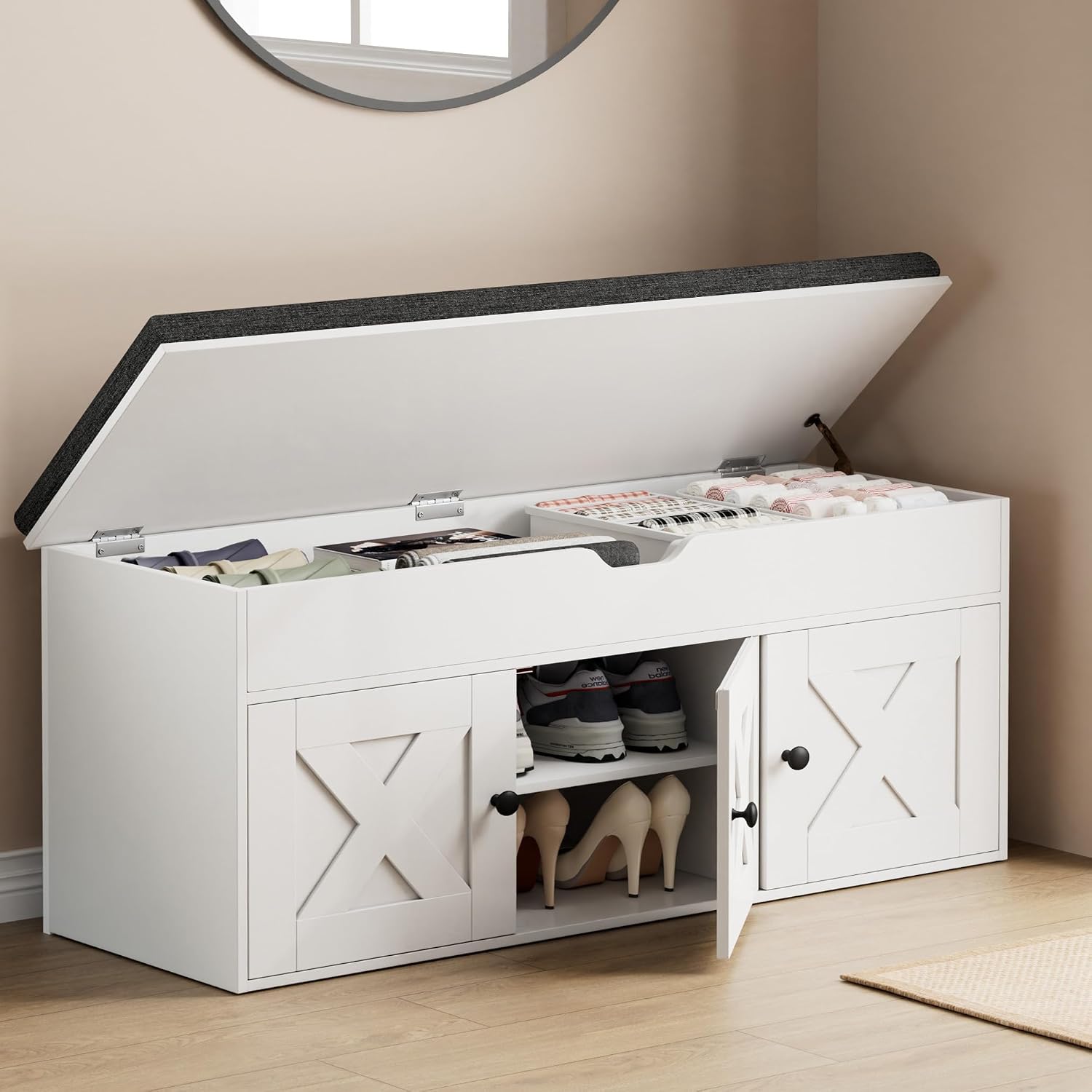 White Lift Top Shoe Bench With 3 Barn Doors