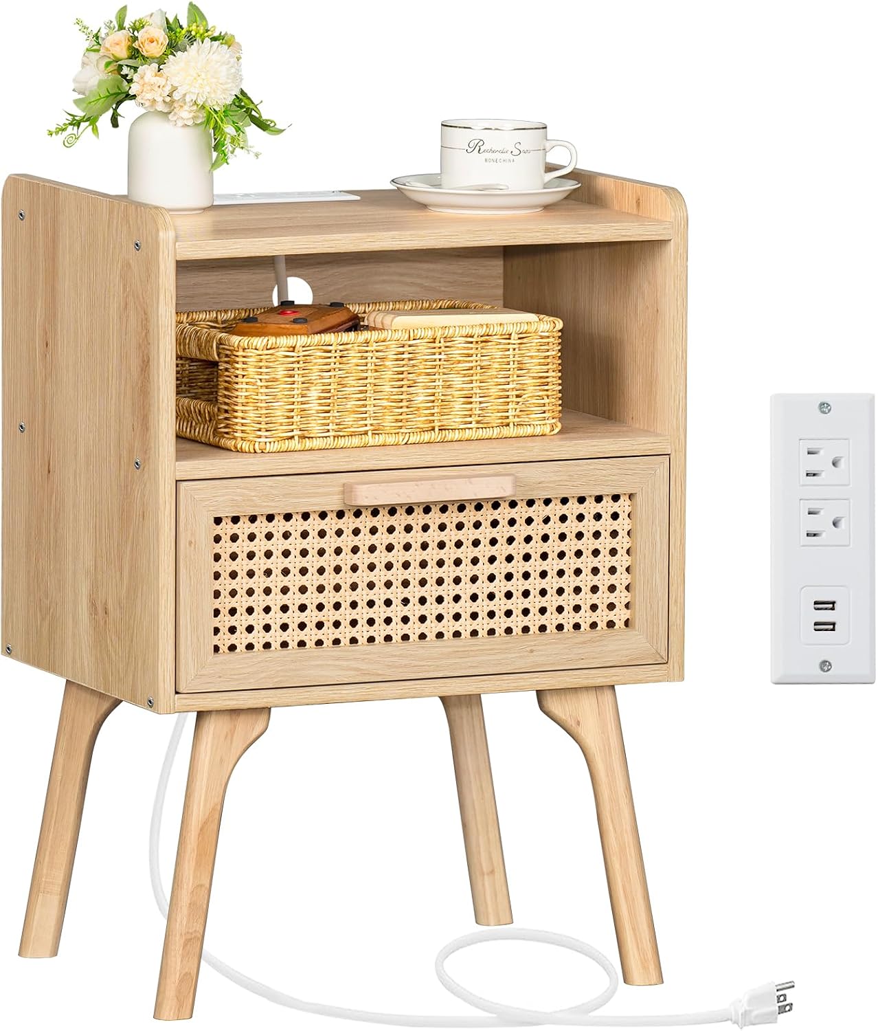 Rattan Charging Station Nightstand