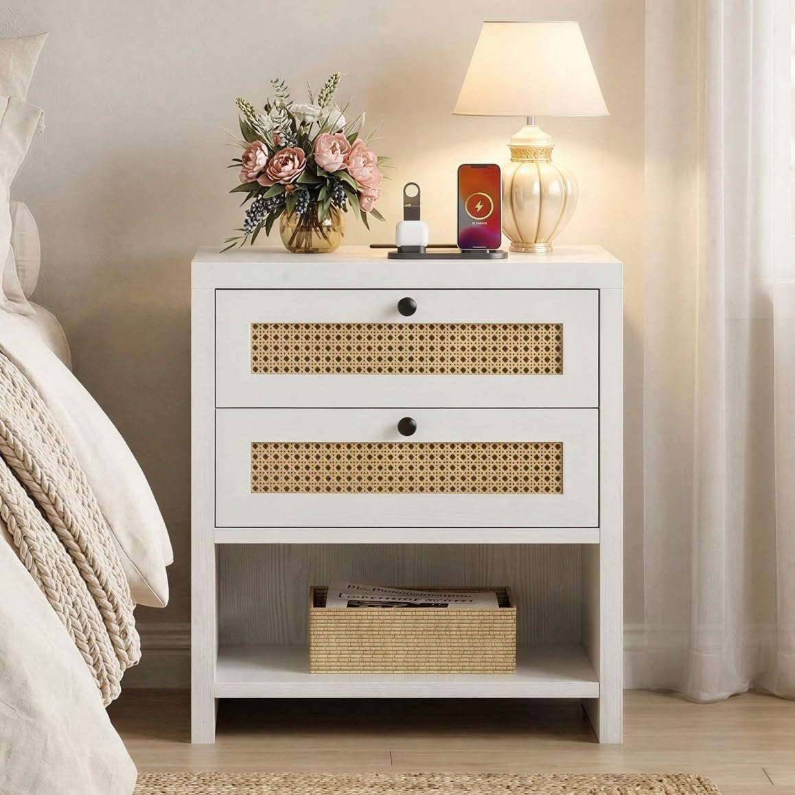 White Oak Rattan Charging Nightstand
