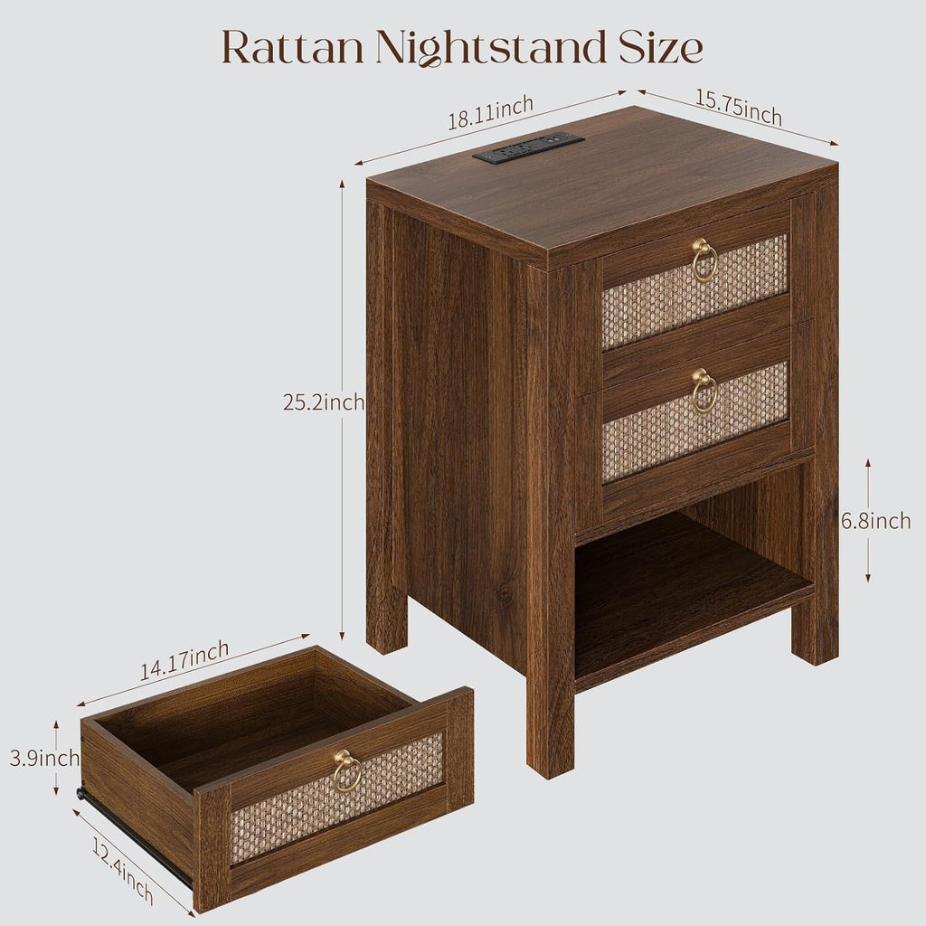 Walnut Rattan Charging Nightstand