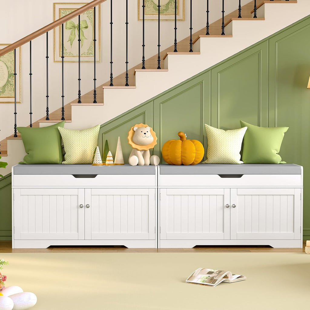 White Cushioned 2-Tier Lift Top Shoe Bench