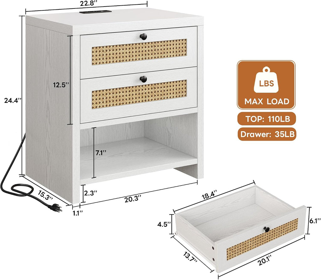 White Oak Rattan Charging Nightstand