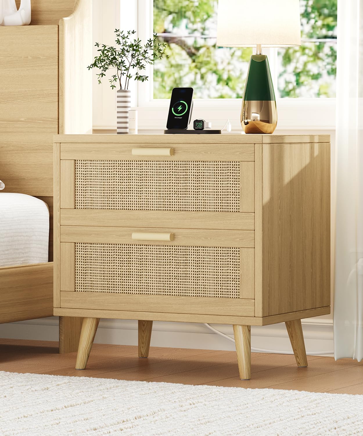 Rattan Charging Station 2-Drawer Nightstand