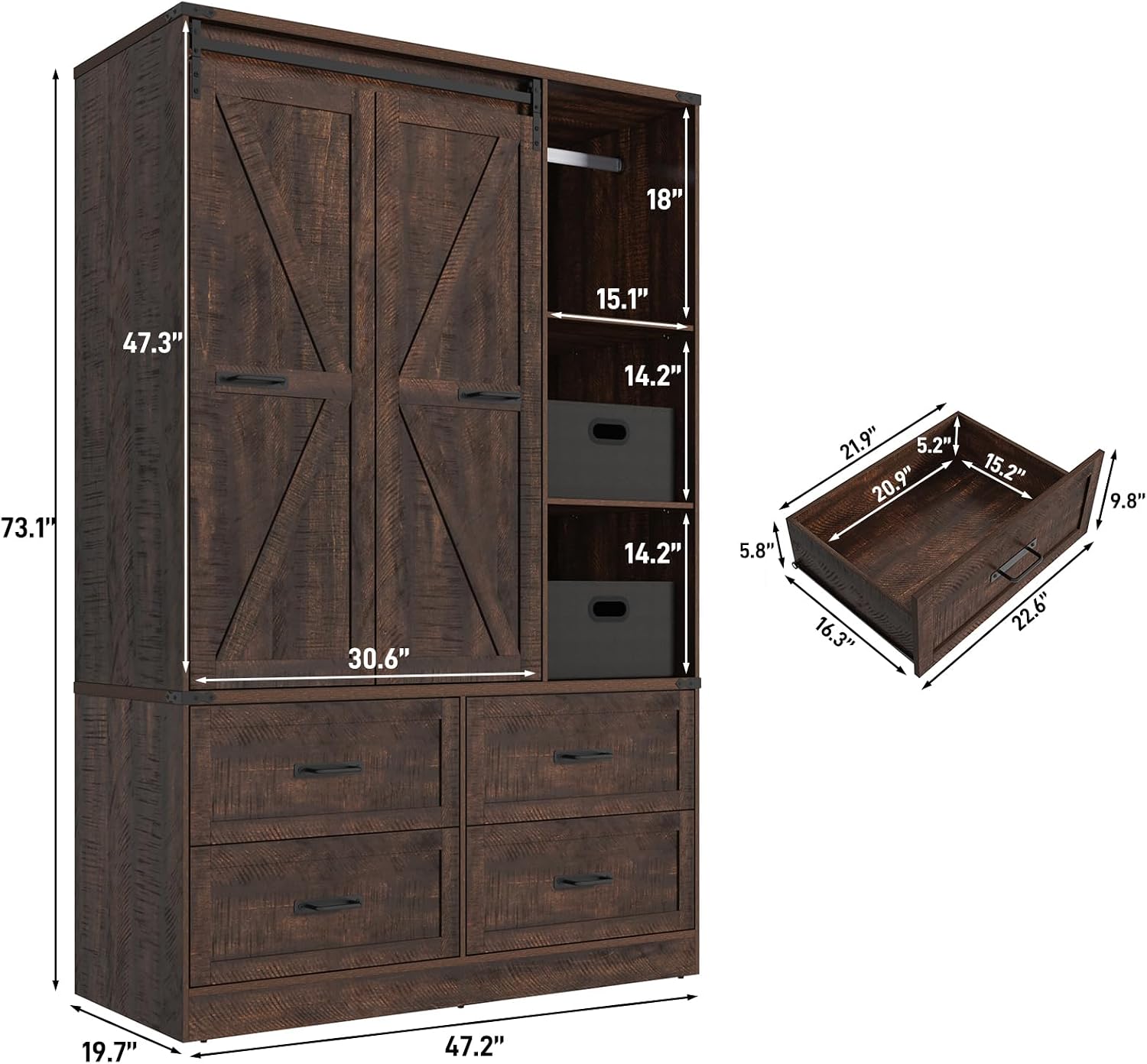 Farmhouse Sliding LED Wardrobe Closet