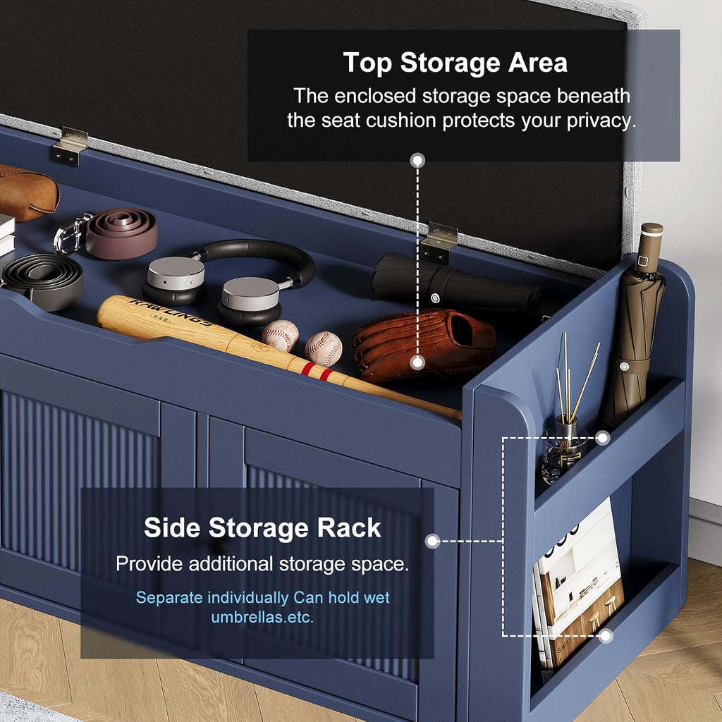 Navy Blue Cushioned Shoe Bench With Side Shelves