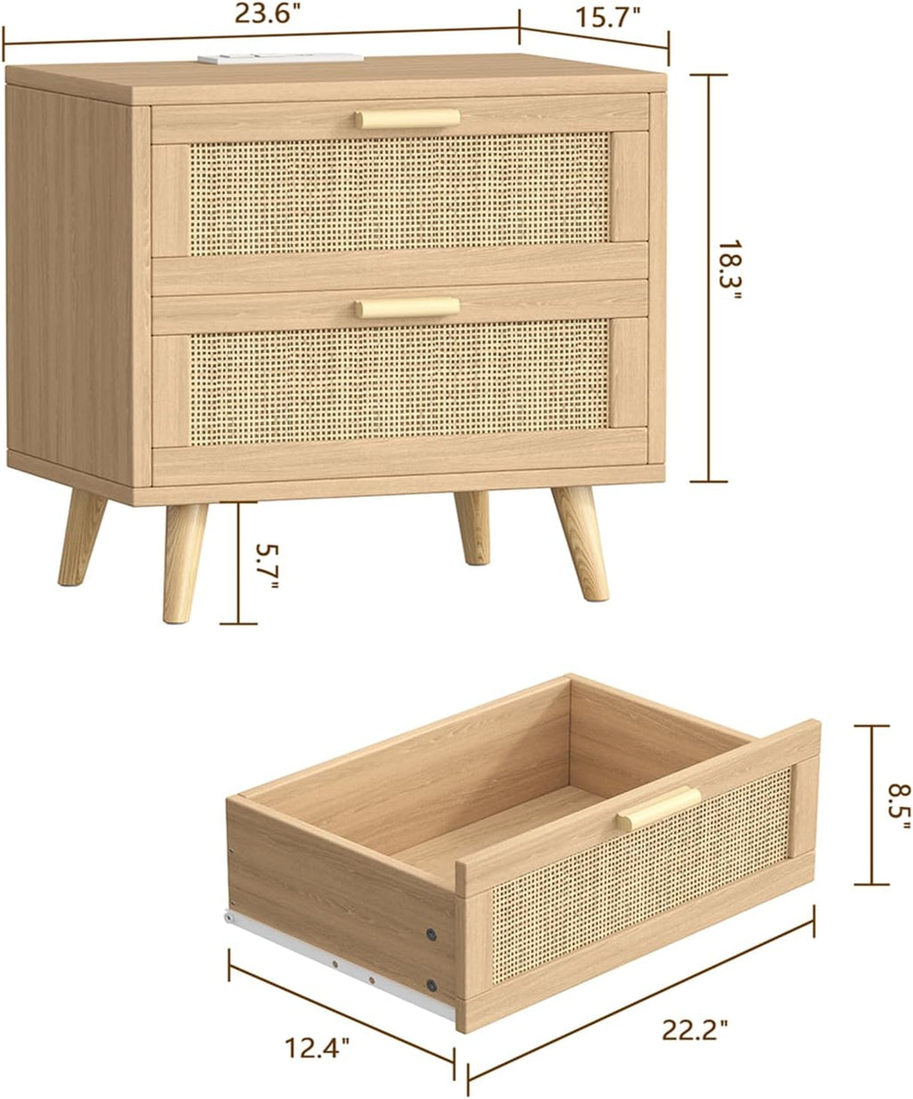 Rattan Charging Station 2-Drawer Nightstand