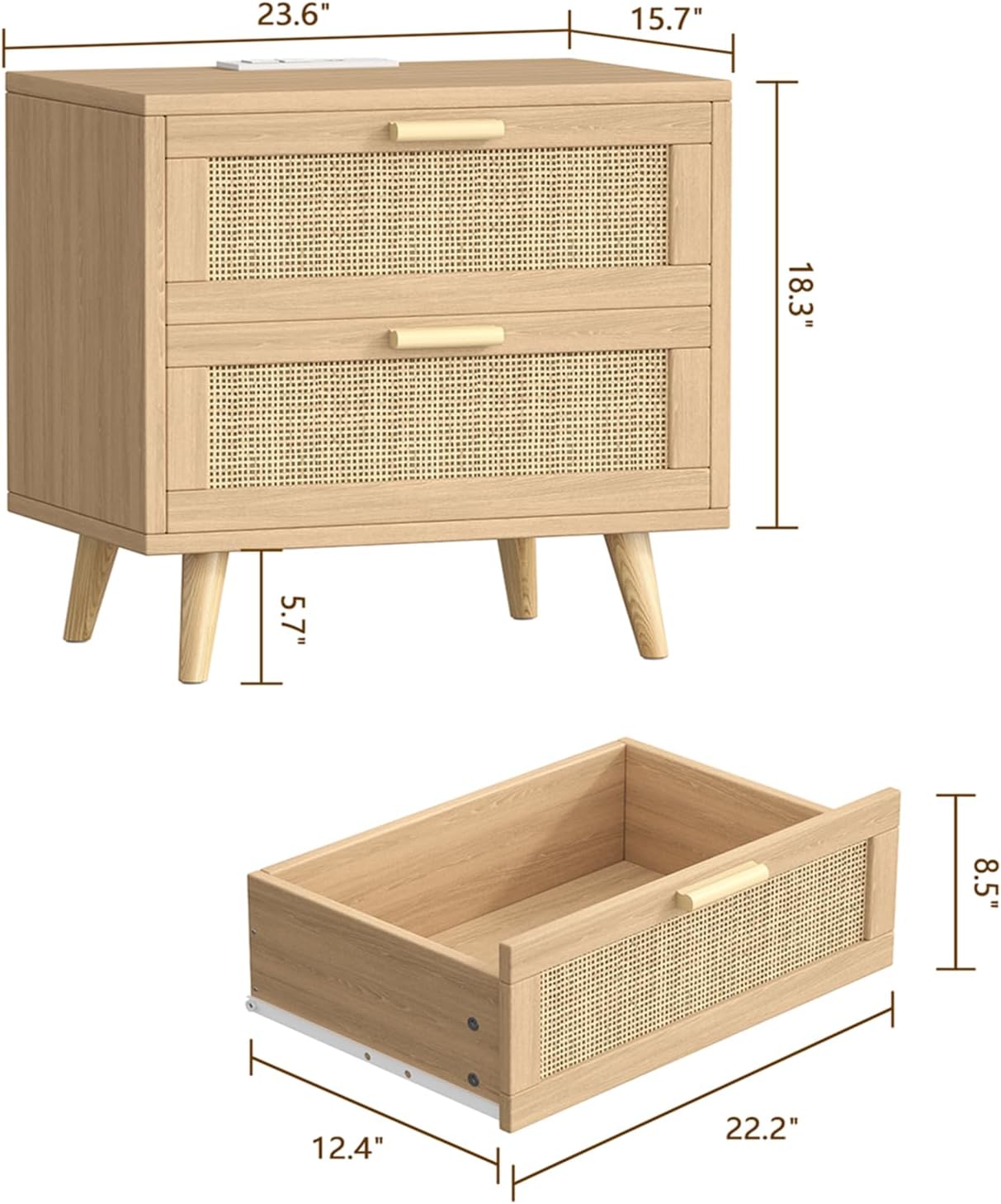 Rattan Charging Station 2-Drawer Nightstand
