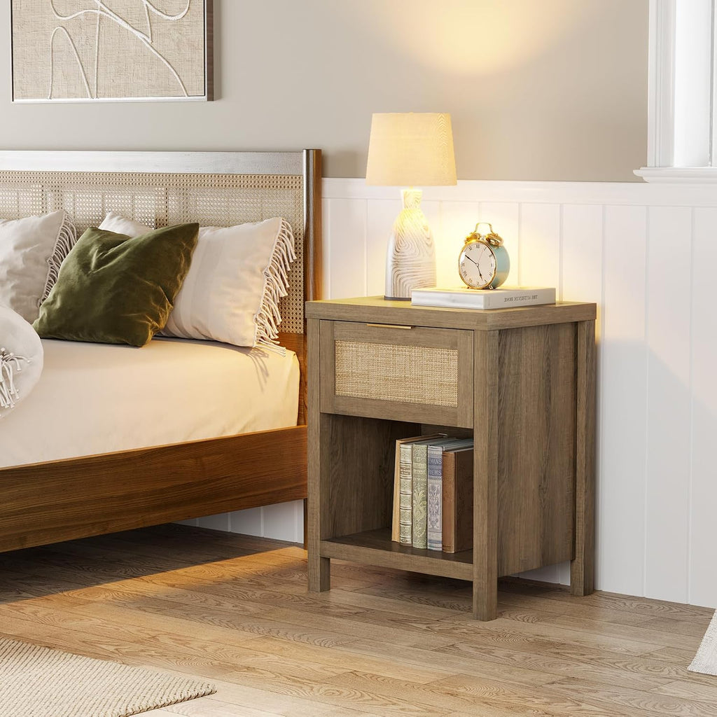 Boho Rattan Storage Nightstand Set