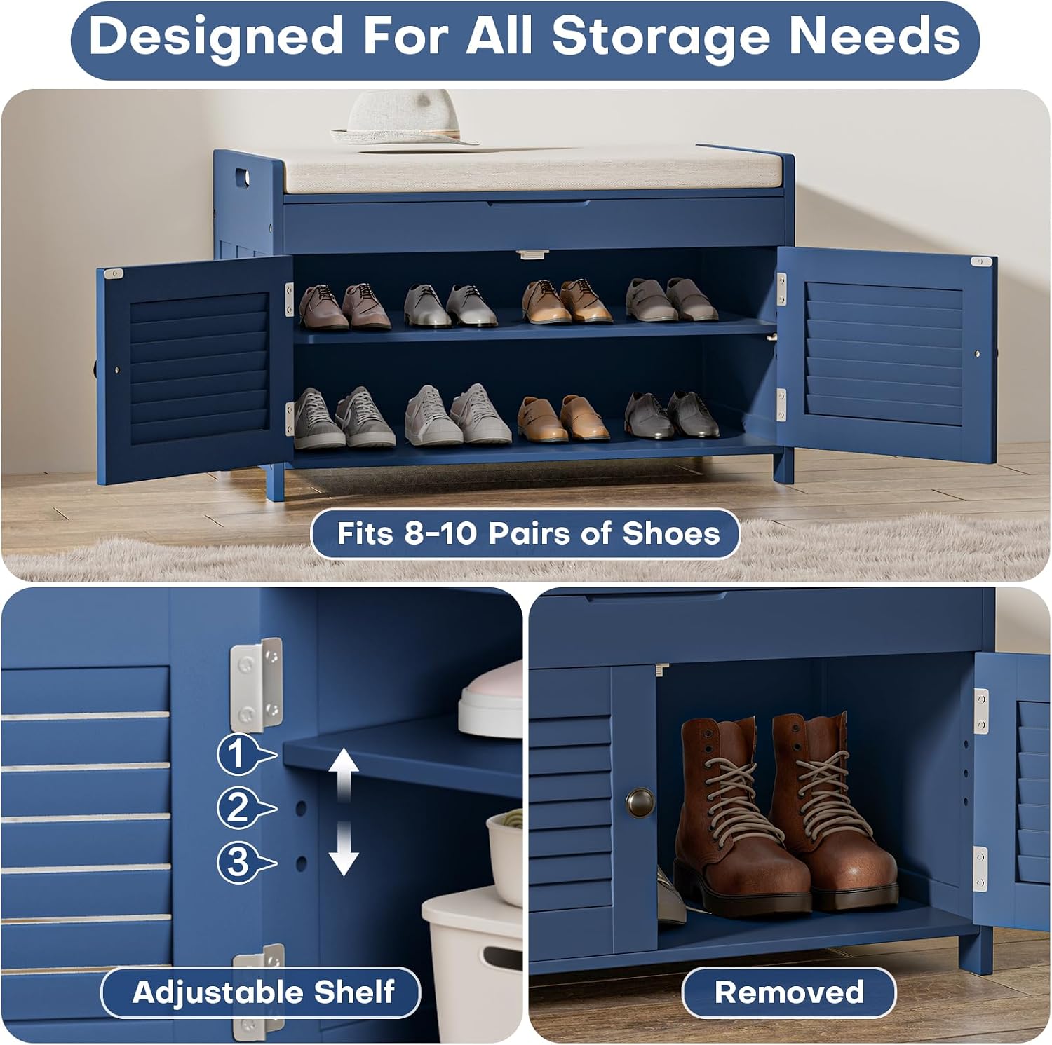 Blue Cushioned Lift Top Shoe Storage Bench