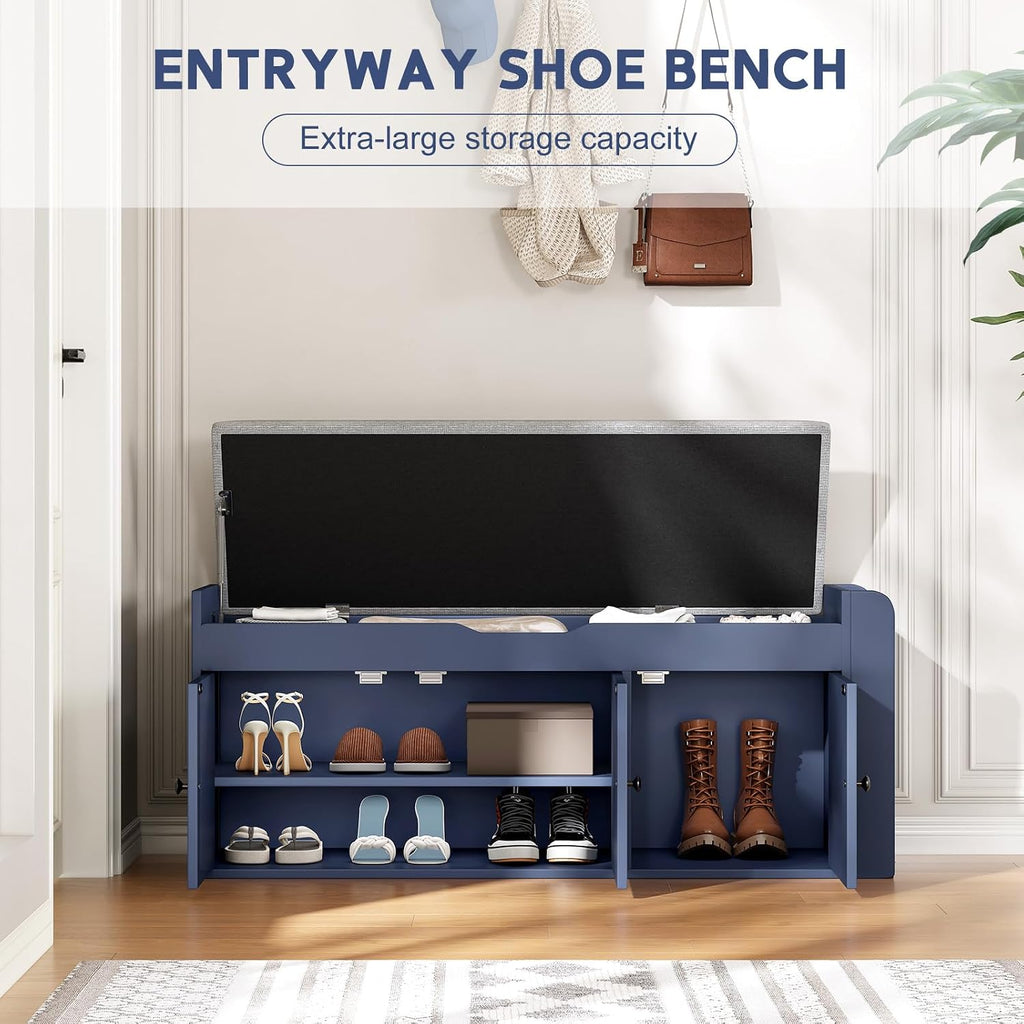 Navy Blue Cushioned Shoe Bench With Side Shelves