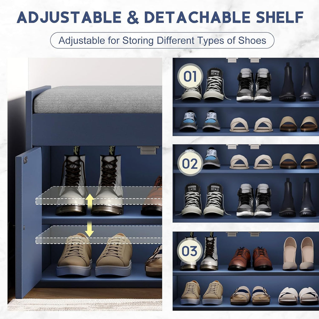 Navy Blue Cushioned Shoe Bench With Side Shelves