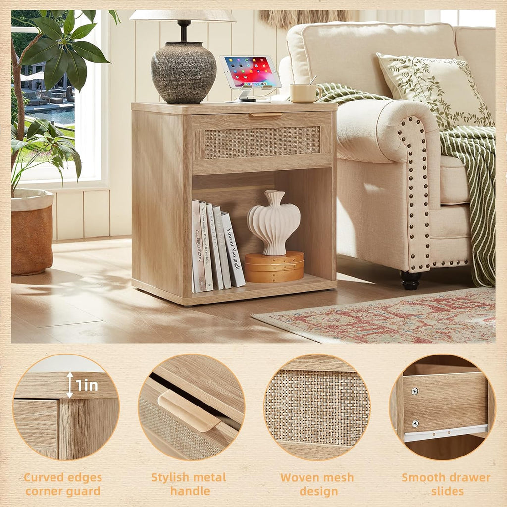 Rattan Charging Station Nightstand Set