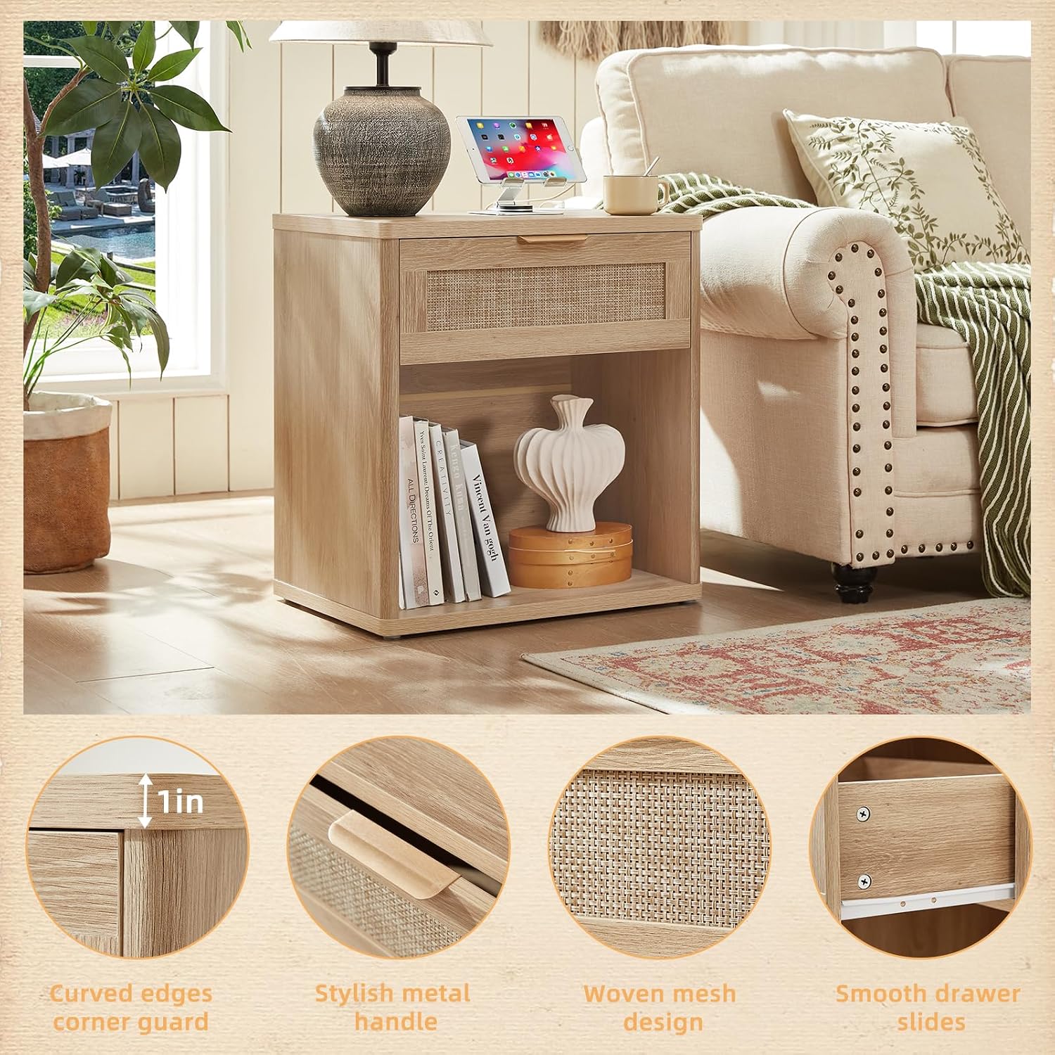 Rattan Charging Station Nightstand Set