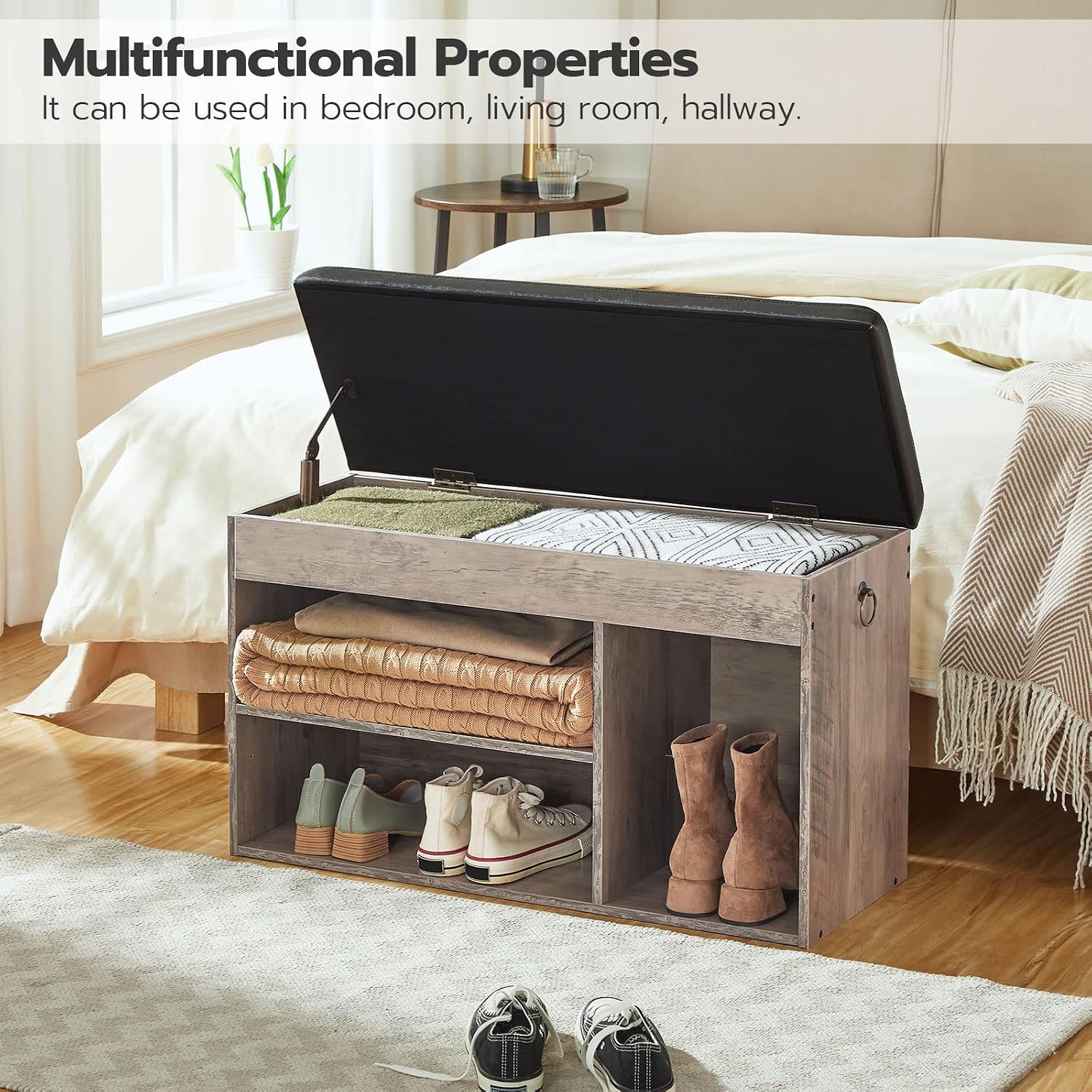 Rustic Brown Lift Top Cushioned Shoe Bench