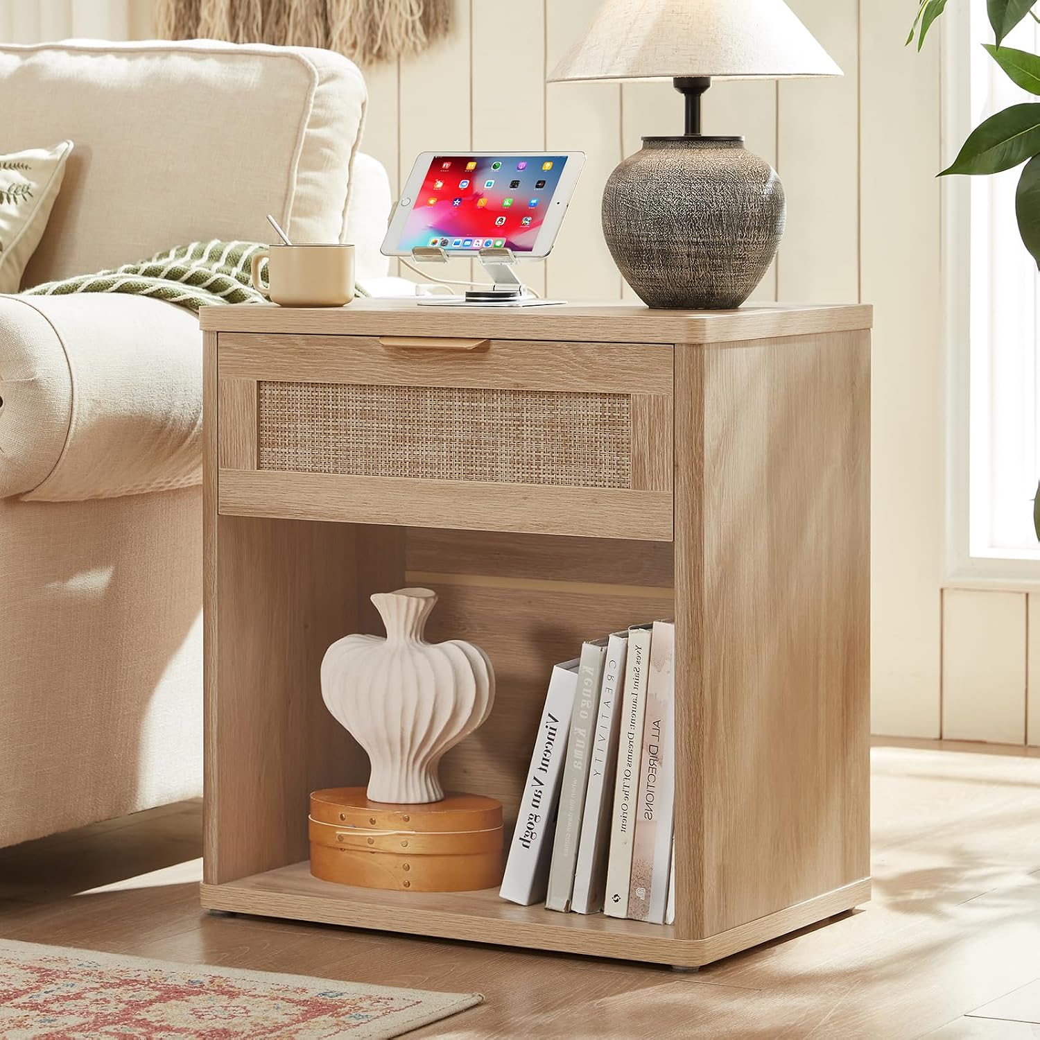 Rattan Charging Station Nightstand Set