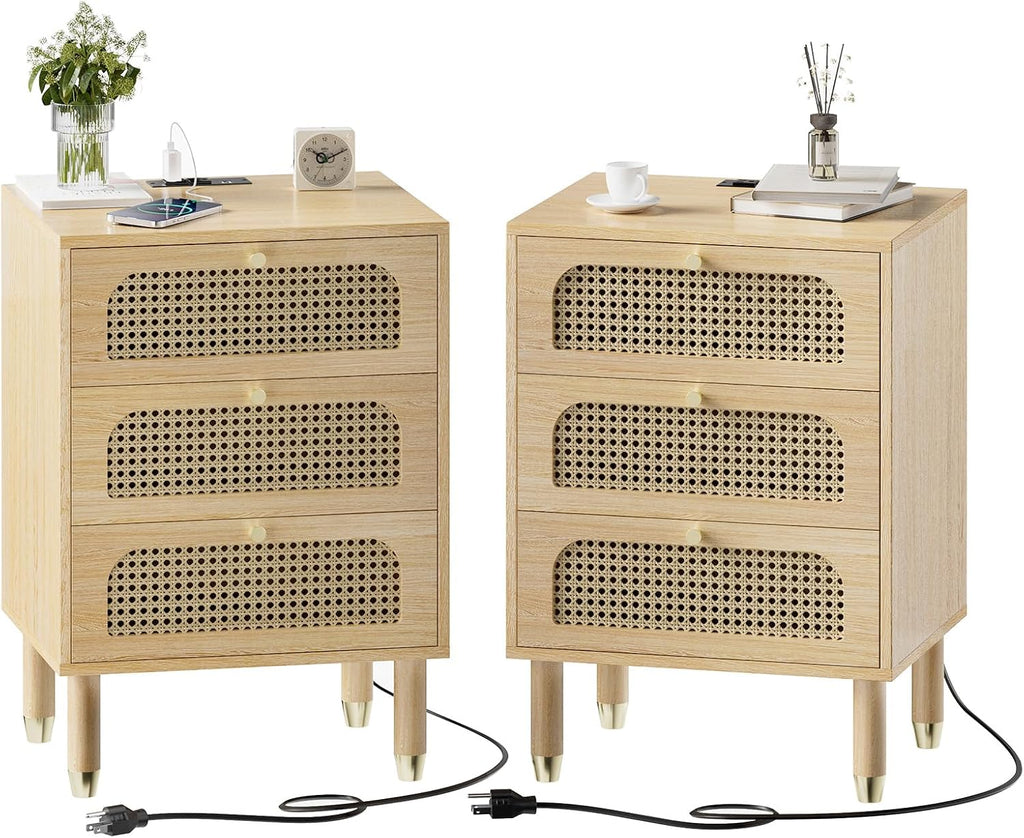 Rattan Charging 3-Drawer Nightstand Set