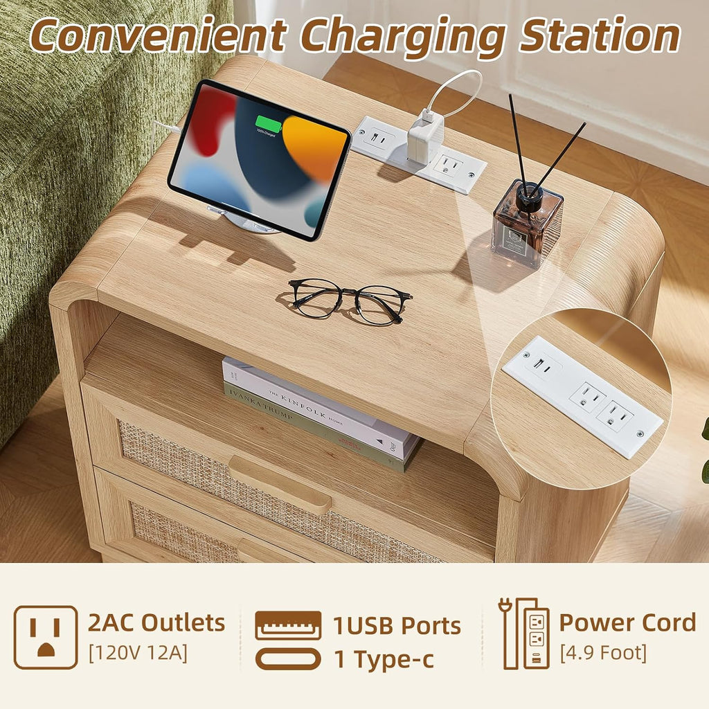 Curved Rattan Charging Nightstand