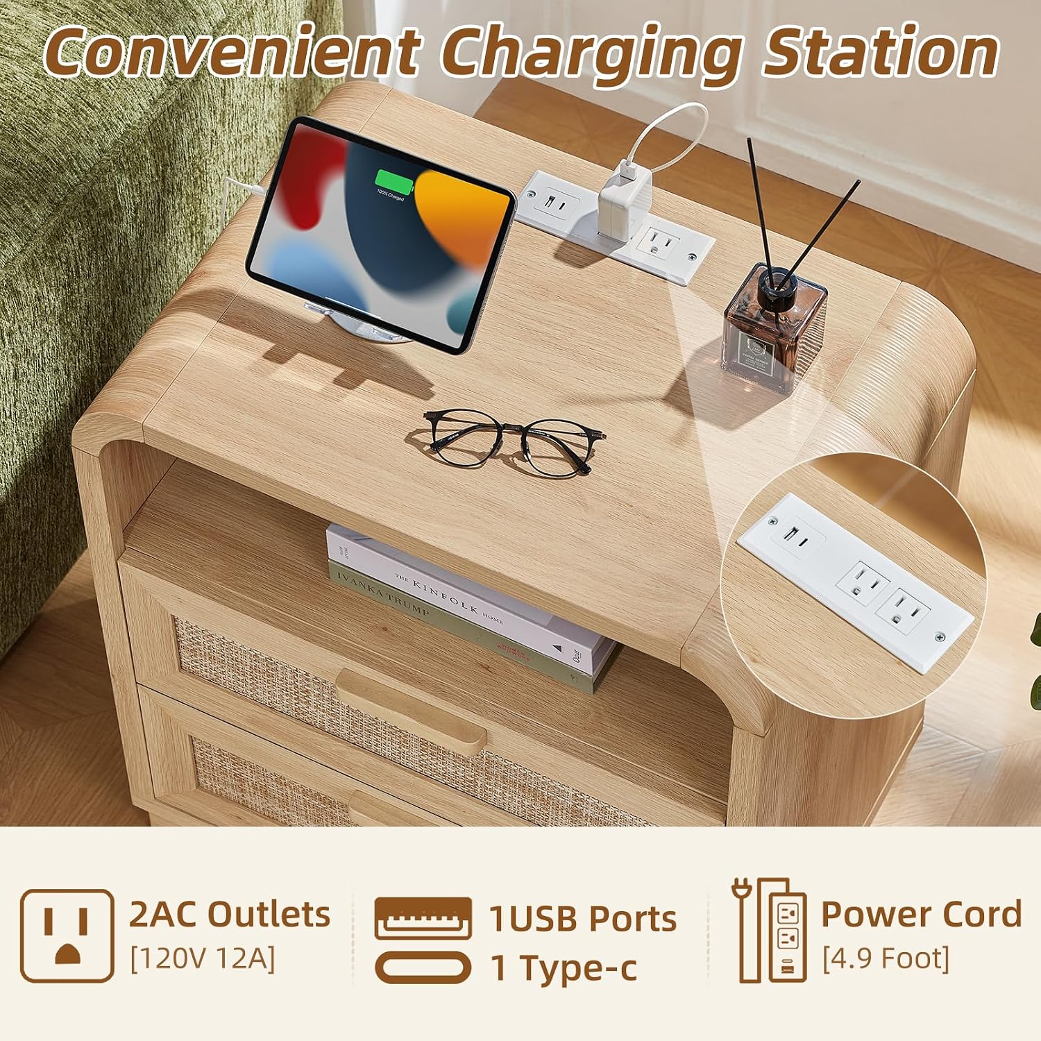 Curved Rattan Charging Nightstand