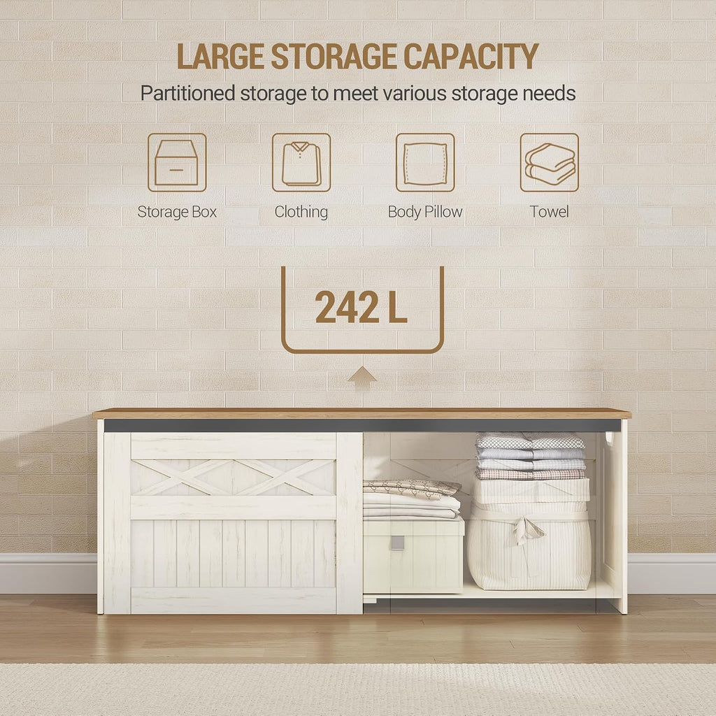 Retro White Farmhouse Large Lift Top Storage Bench