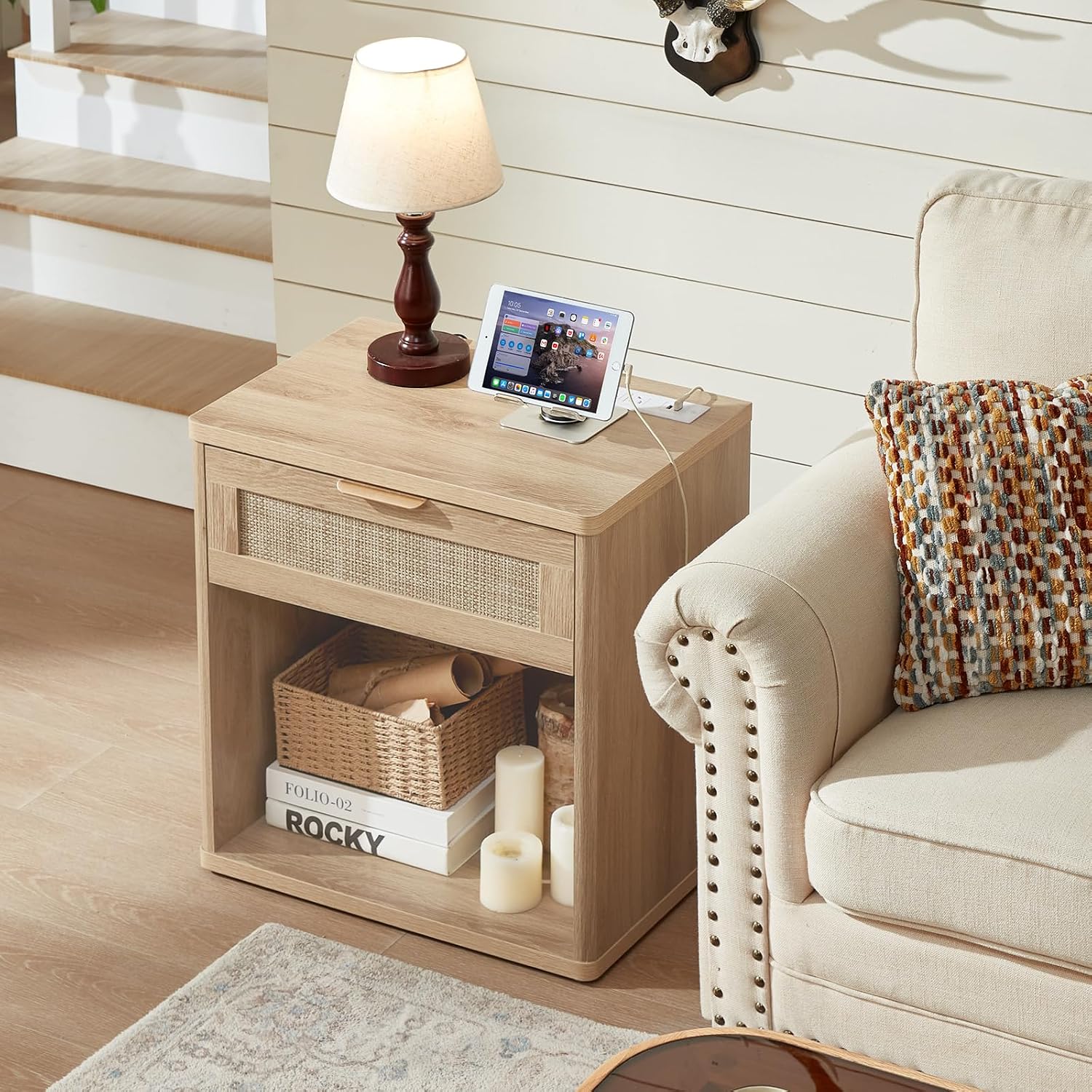 Rattan Charging Station Nightstand Set