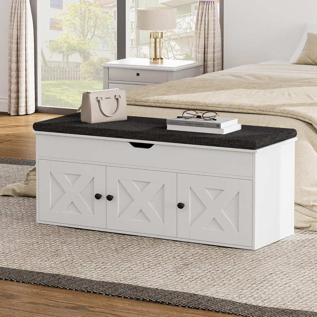 White Lift Top Shoe Bench With 3 Barn Doors