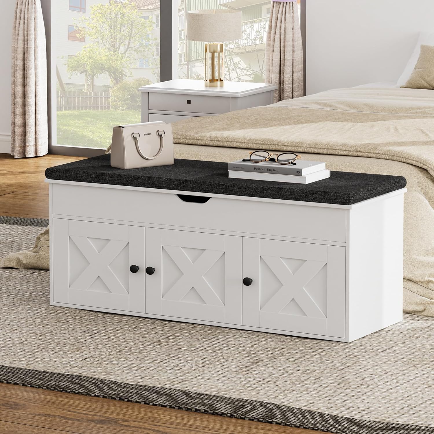 White Lift Top Shoe Bench With 3 Barn Doors