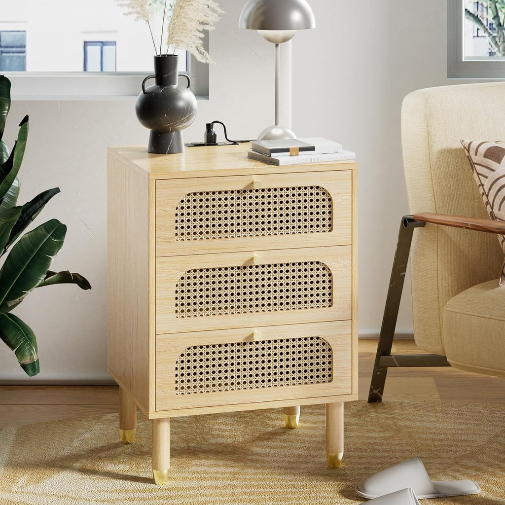 Rattan Charging 3-Drawer Nightstand Set