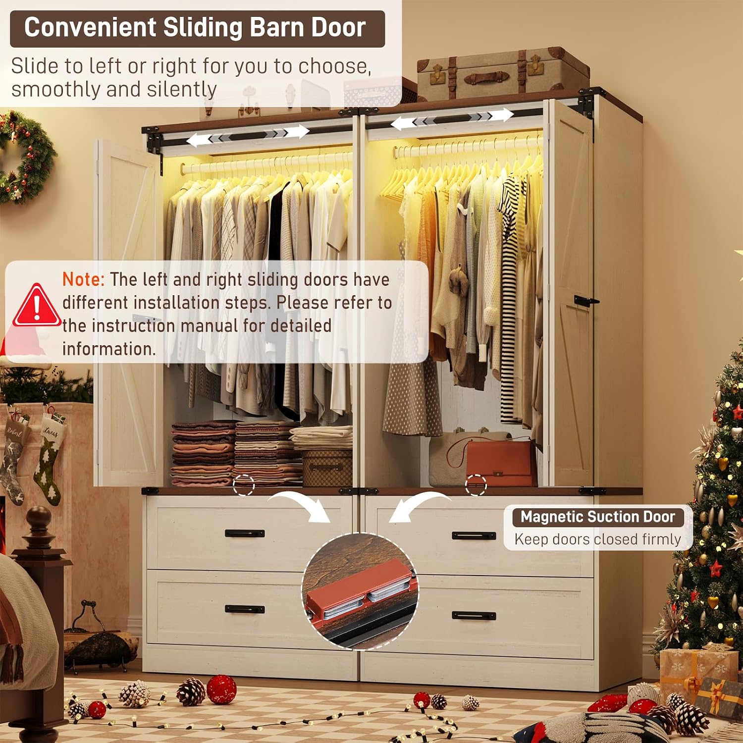 Farmhouse Sliding Door LED Wardrobe Closet