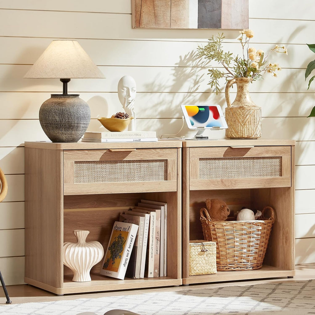 Rattan Charging Station Nightstand Set