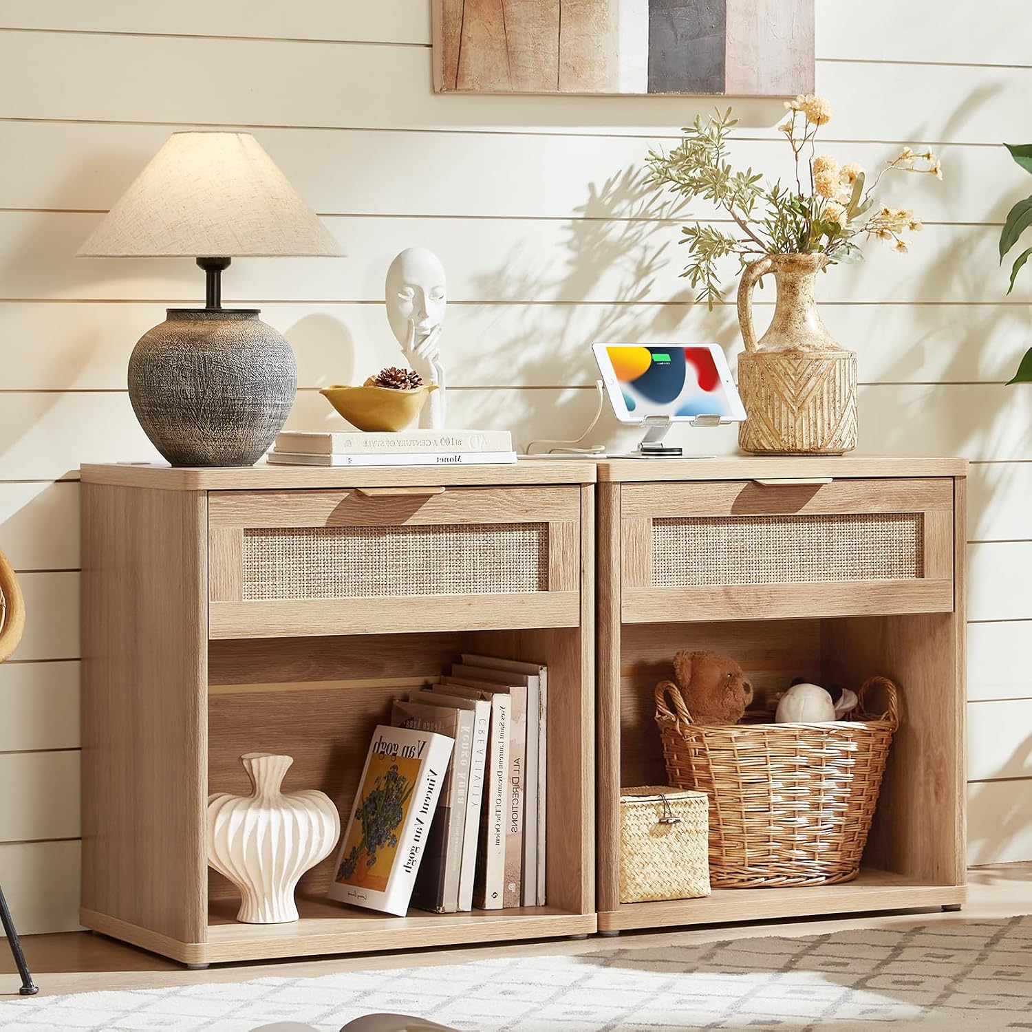 Rattan Charging Station Nightstand Set