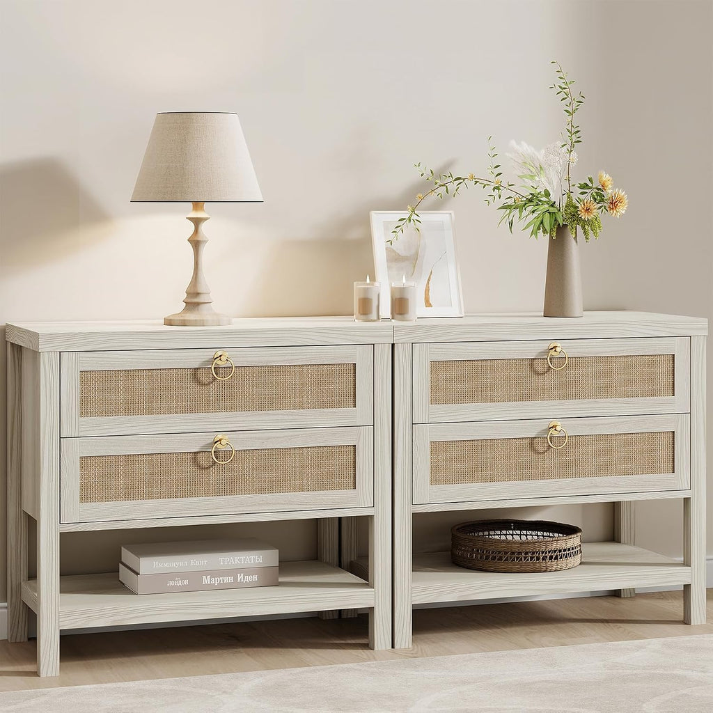 White Rattan Storage Nightstand Set