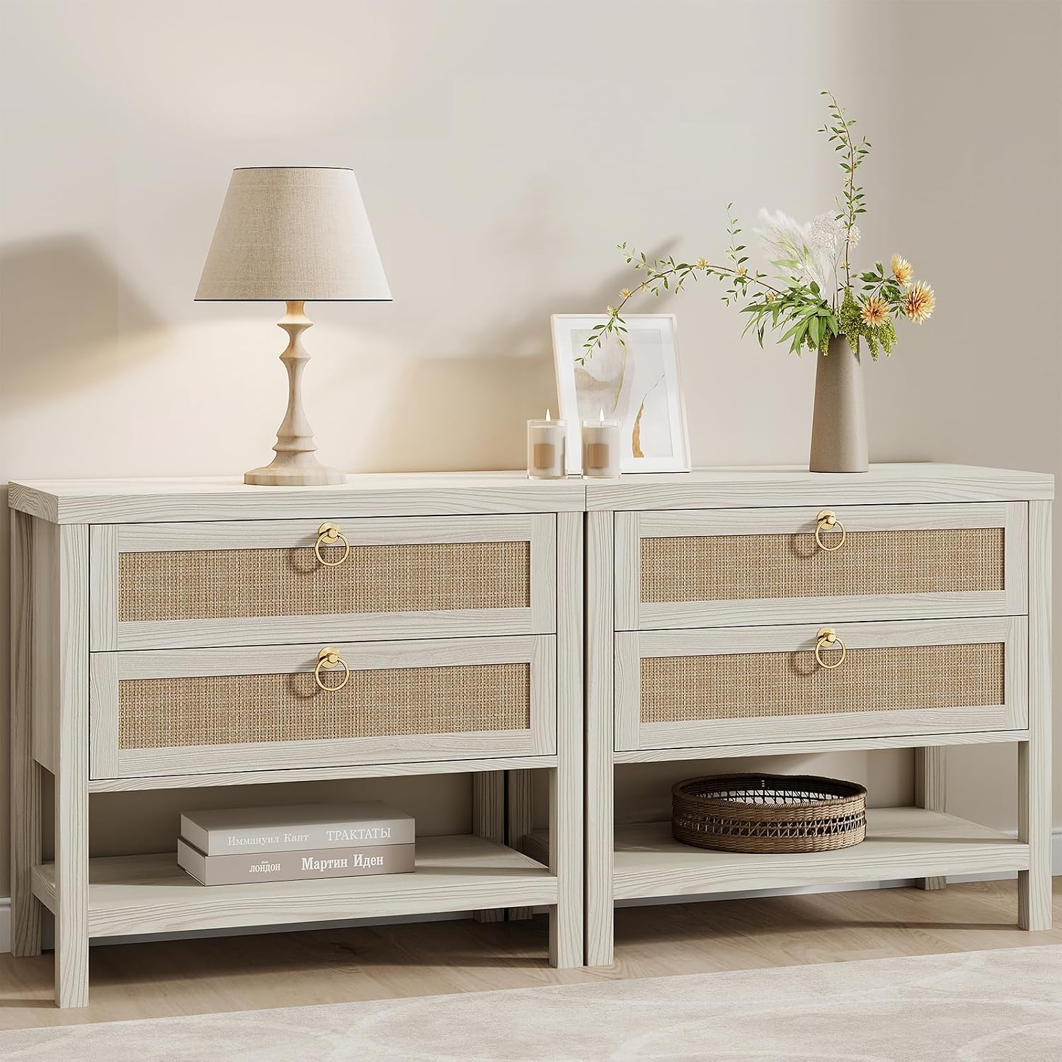 White Rattan Storage Nightstand Set