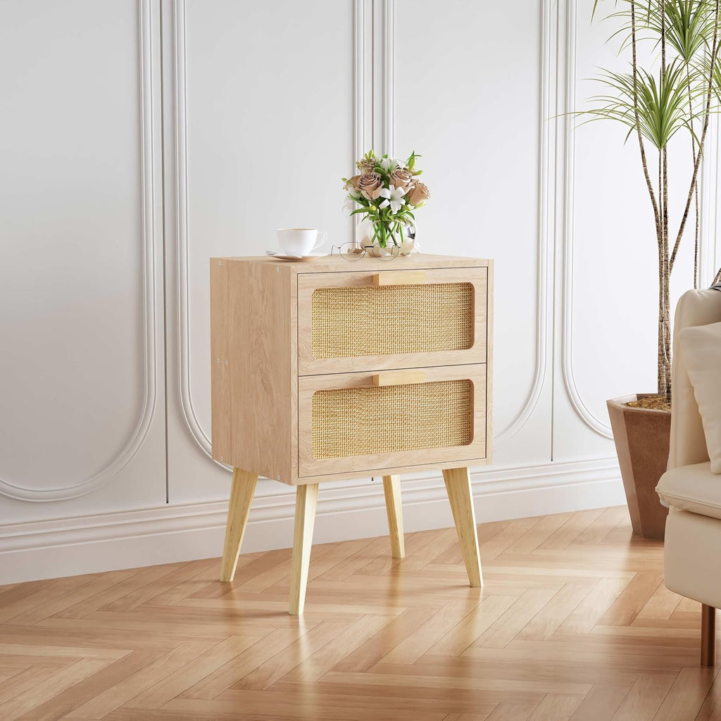 Rattan Wood Storage Nightstand